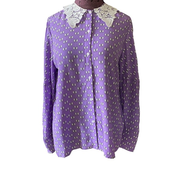 Maje Sz 2 Flowing Bows Print Purple Guipure Collar Top - Picture 3 of 10